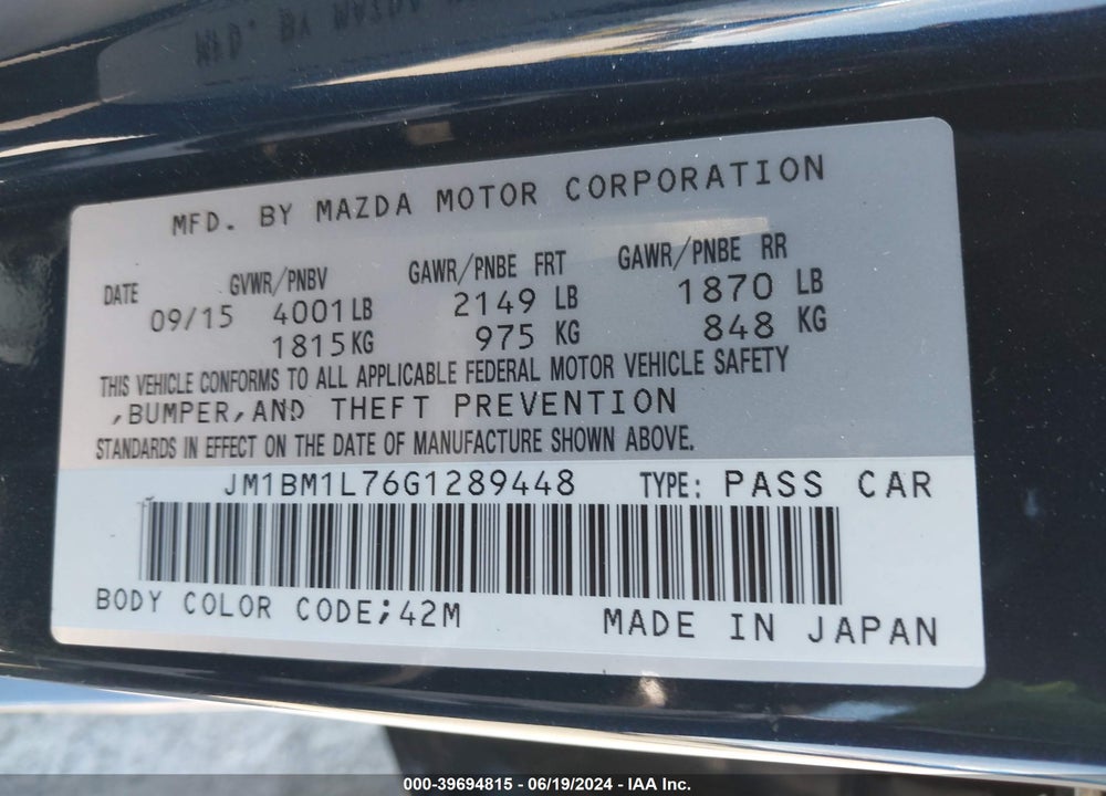 2016 MAZDA 3 I TOURING VIN: JM1BM1L76G1289448