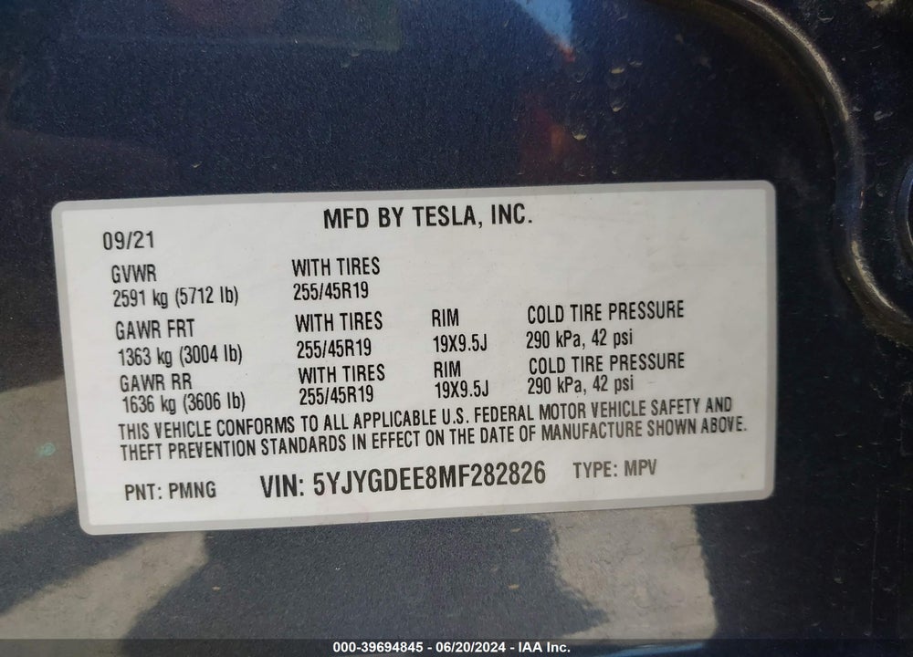 2021 TESLA MODEL Y LONG RANGE DUAL MOTOR ALL-WHEEL DRIVE VIN: 5YJYGDEE8MF282826