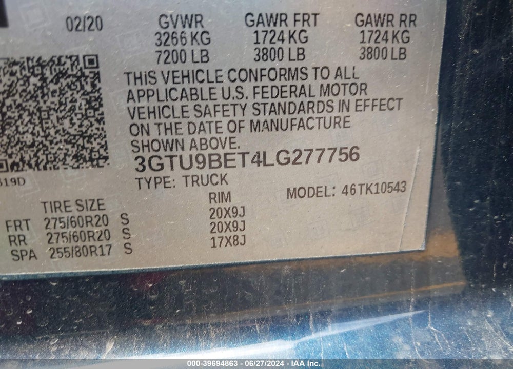 2020 GMC SIERRA 1500 4WD SHORT BOX SLE VIN: 3GTU9BET4LG277756