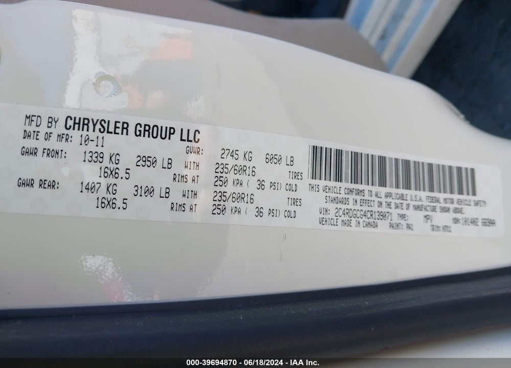 2012 DODGE GRAND CARAVAN SXT VIN: 2C4RDGCG4CR139071