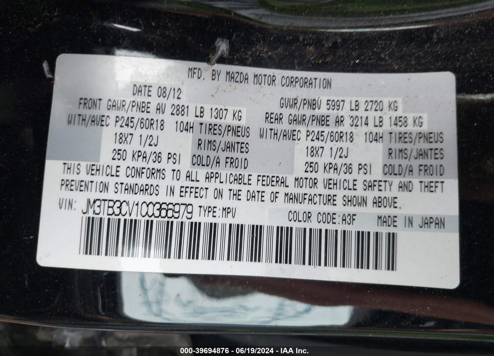 2012 MAZDA CX-9 TOURING VIN: JM3TB3CV1C0366979