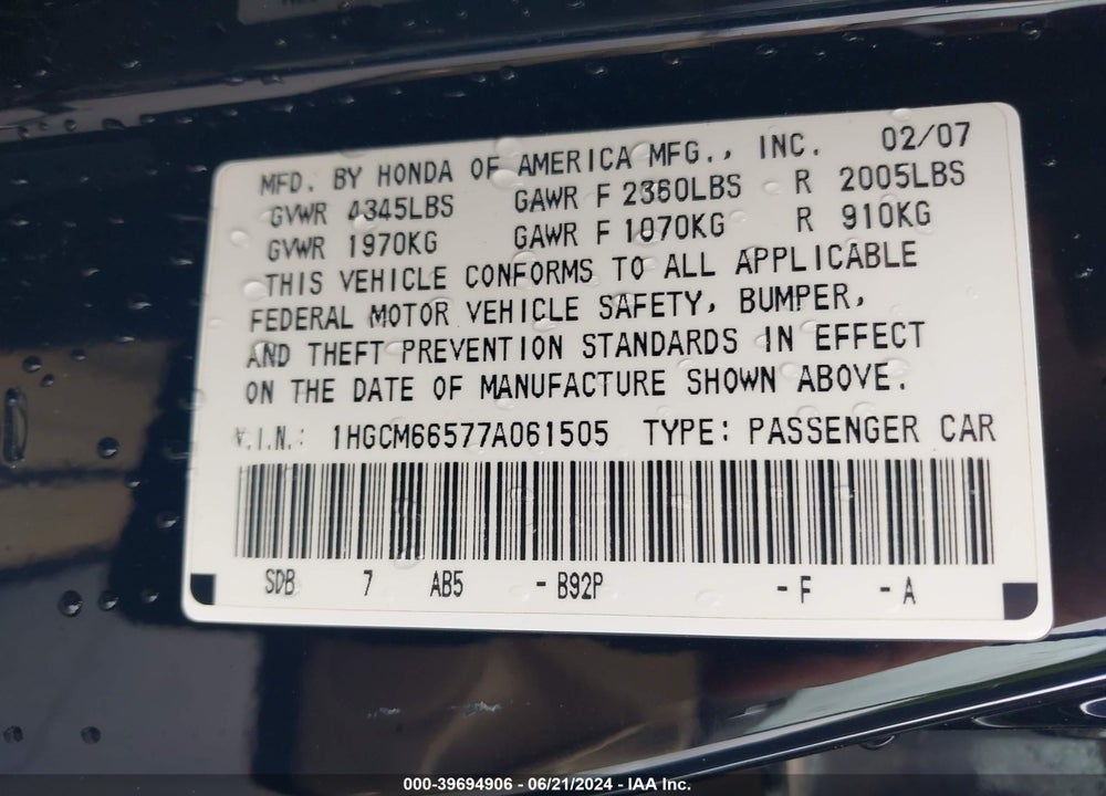 2007 HONDA ACCORD 3.0 EX VIN: 1HGCM66577A061505