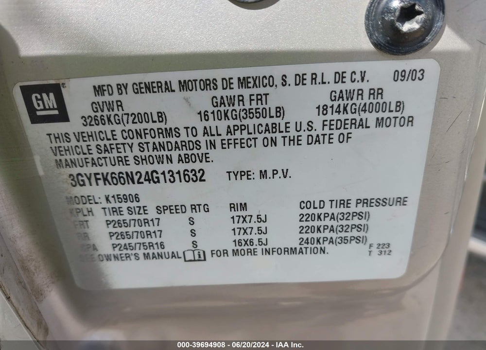 2004 CADILLAC ESCALADE ESV STANDARD VIN: 3GYFK66N24G131632