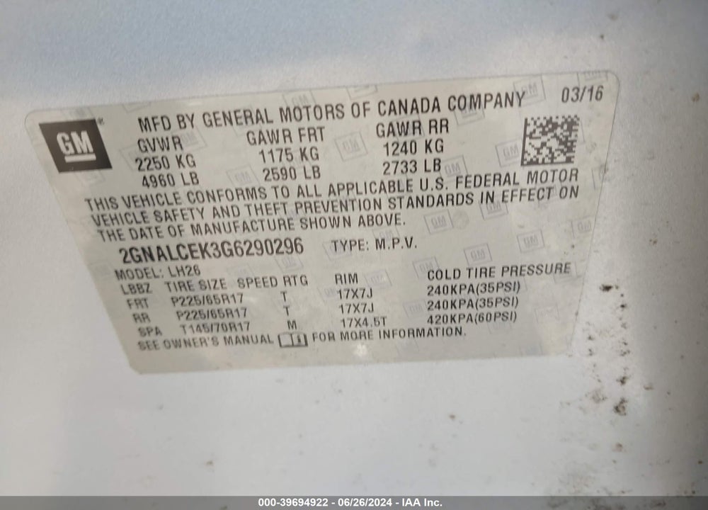 2016 CHEVROLET EQUINOX LT VIN: 2GNALCEK3G6290296