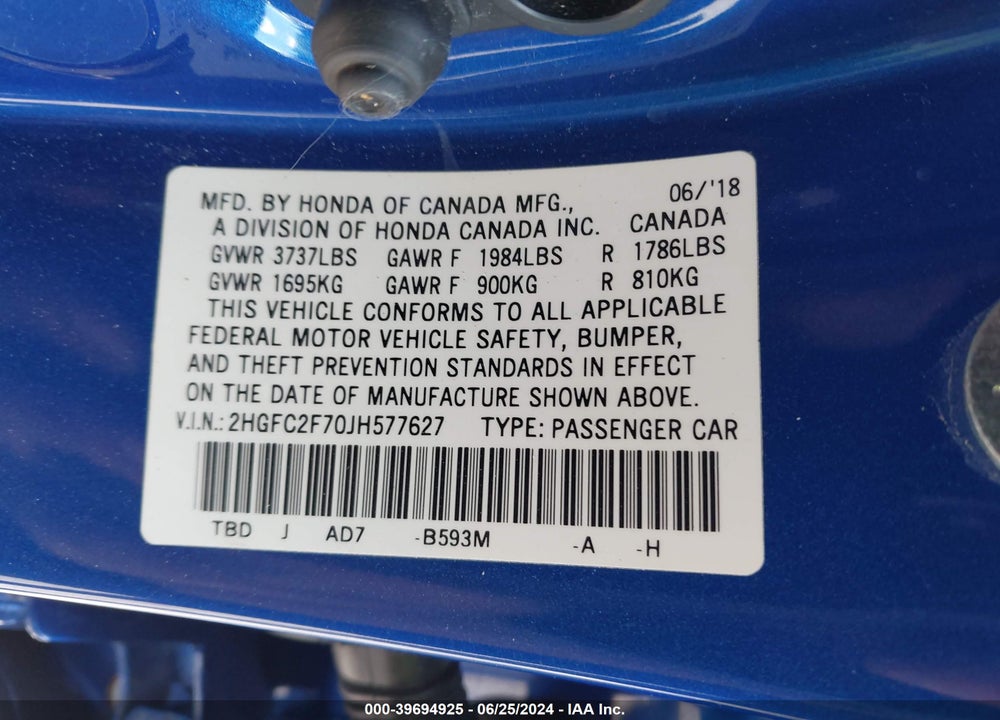 2018 HONDA CIVIC EX VIN: 2HGFC2F70JH577627