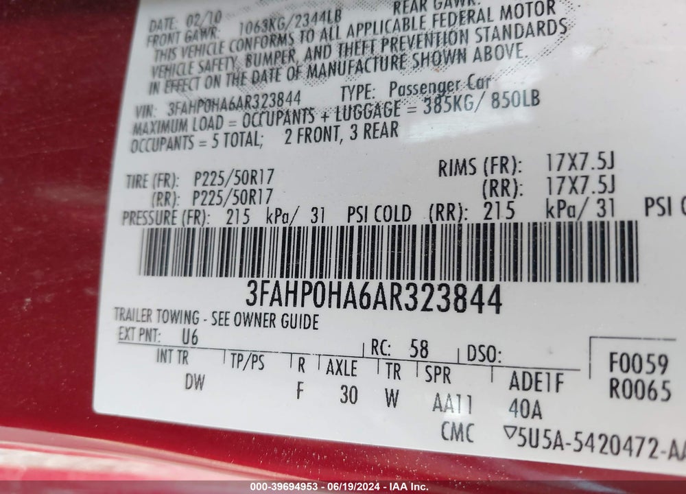2010 FORD FUSION SE VIN: 3FAHP0HA6AR323844