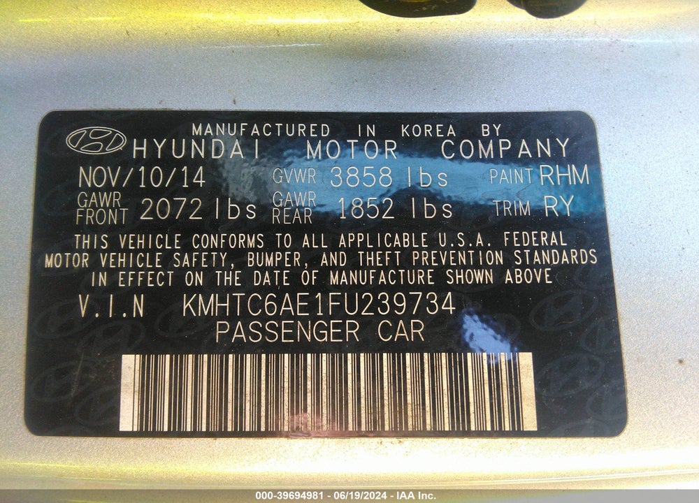 2015 HYUNDAI VELOSTER TURBO VIN: KMHTC6AE1FU239734