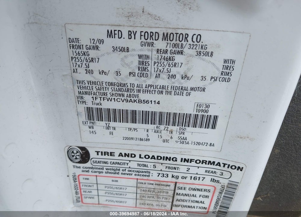 2010 FORD F-150 FX2 SPORT/HARLEY-DAVIDSON/KING RANCH/LARIAT/PLATINUM/XL/XLT VIN: 1FTFW1CV9AKB56114