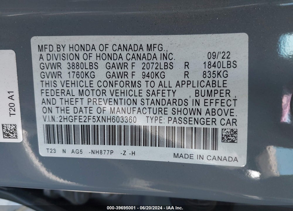 2022 HONDA CIVIC SPORT VIN: 2HGFE2F5XNH603360