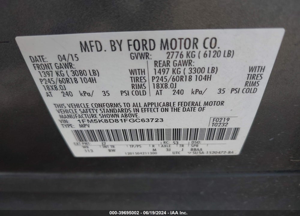 2015 FORD EXPLORER XLT VIN: 1FM5K8D81FGC63723