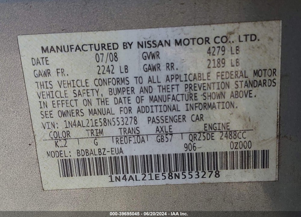 2008 NISSAN ALTIMA 2.5 S VIN: 1N4AL21E58N553278