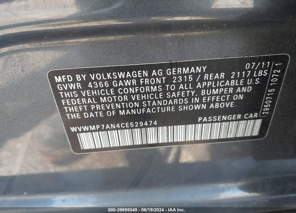 2012 VOLKSWAGEN CC SPORT VIN: WVWMP7AN4CE529474