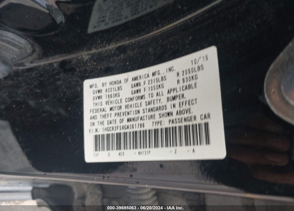 2016 HONDA ACCORD SPORT VIN: 1HGCR2F58GA061796
