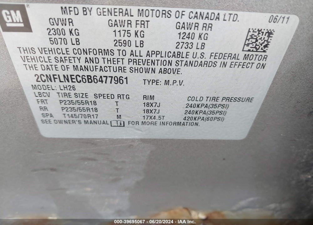 2011 CHEVROLET EQUINOX 2LT VIN: 2CNFLNEC6B6477961