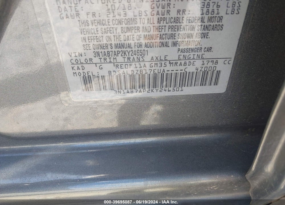 2019 NISSAN SENTRA SV VIN: 3N1AB7AP2KY246501