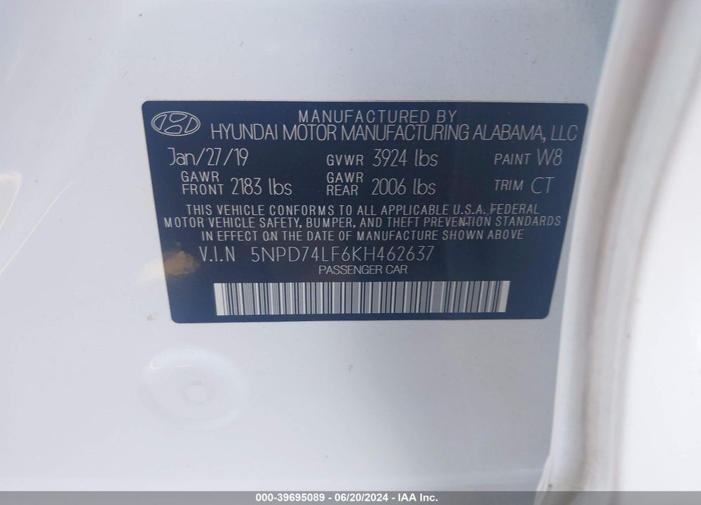2019 HYUNDAI ELANTRA SE VIN: 5NPD74LF6KH462637