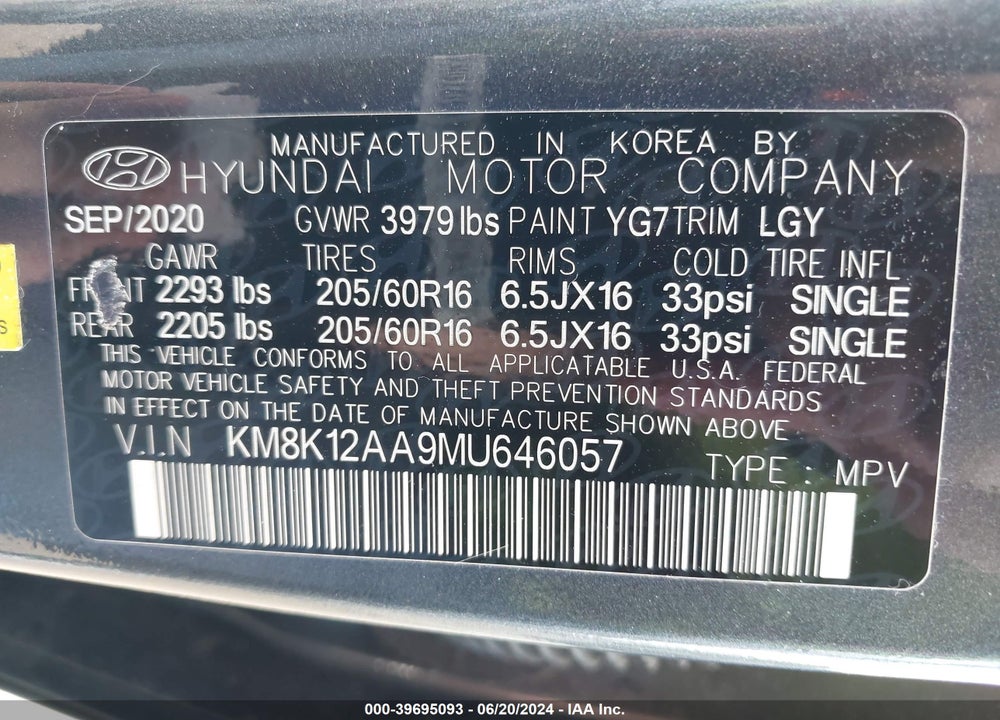 2021 HYUNDAI KONA SE VIN: KM8K12AA9MU646057