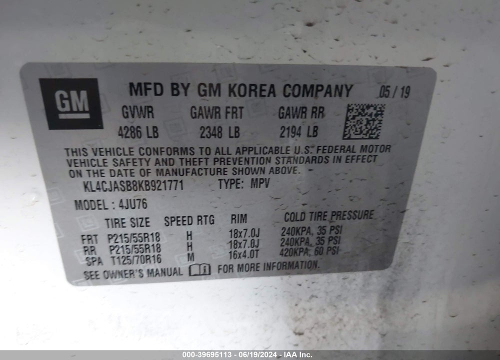 2019 BUICK ENCORE FWD PREFERRED VIN: KL4CJASB8KB921771
