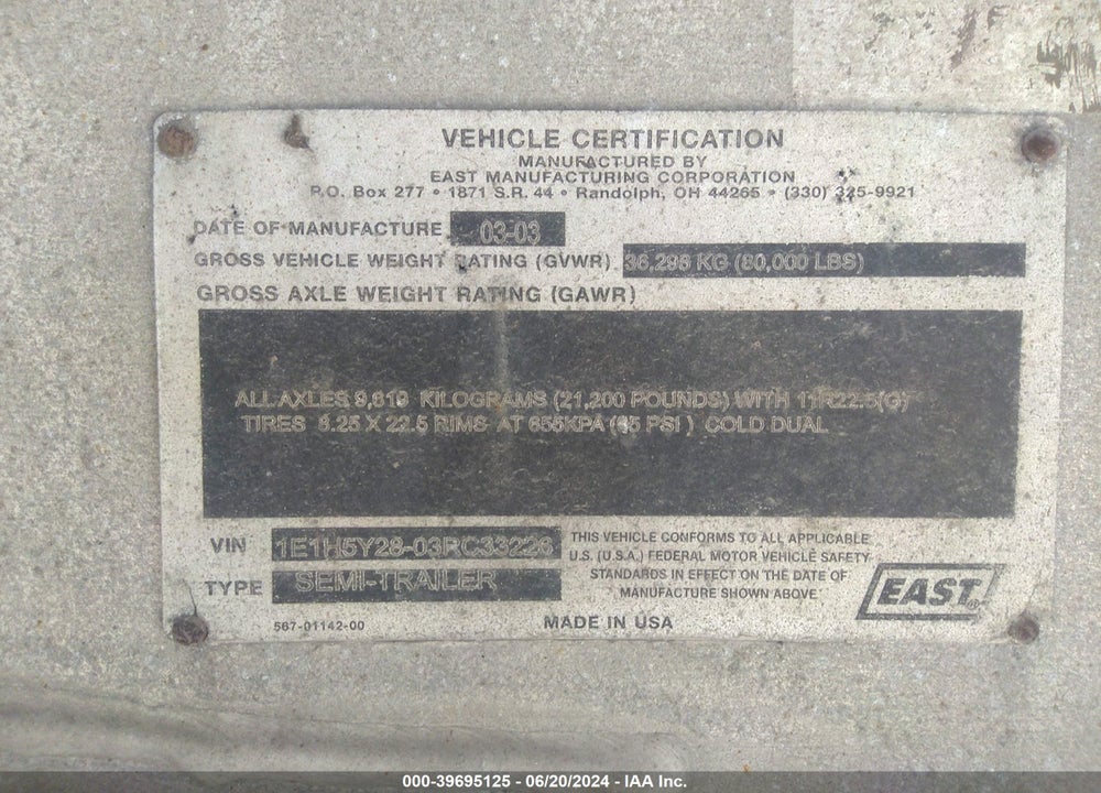 2003 EAST MANUFACTURING TRAILER VIN: 1E1H5Y2803RC33226