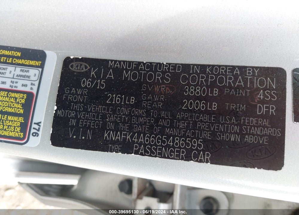 2016 KIA FORTE LX VIN: KNAFK4A66G5486595