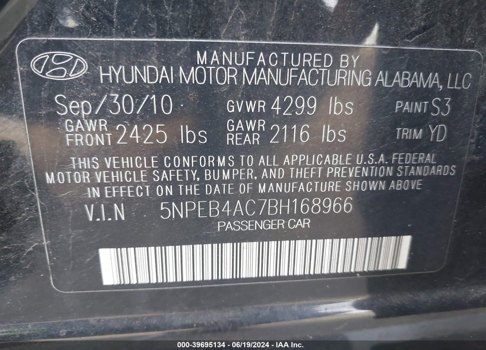2011 HYUNDAI SONATA GLS VIN: 5NPEB4AC7BH168966