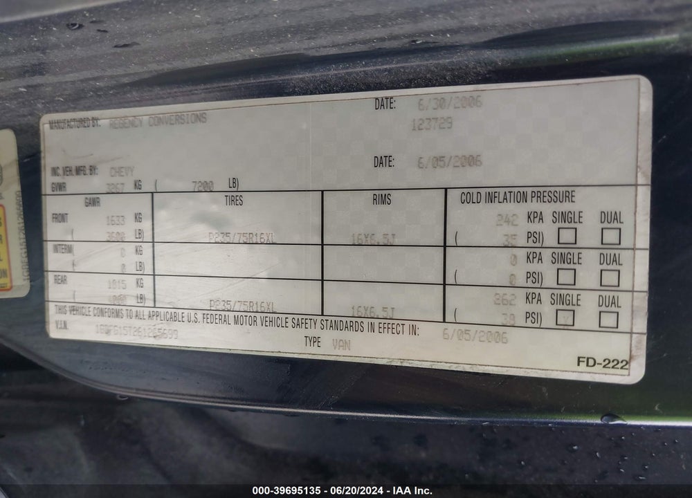 2006 CHEVROLET EXPRESS UPFITTER VIN: 1GBFG15T261265699