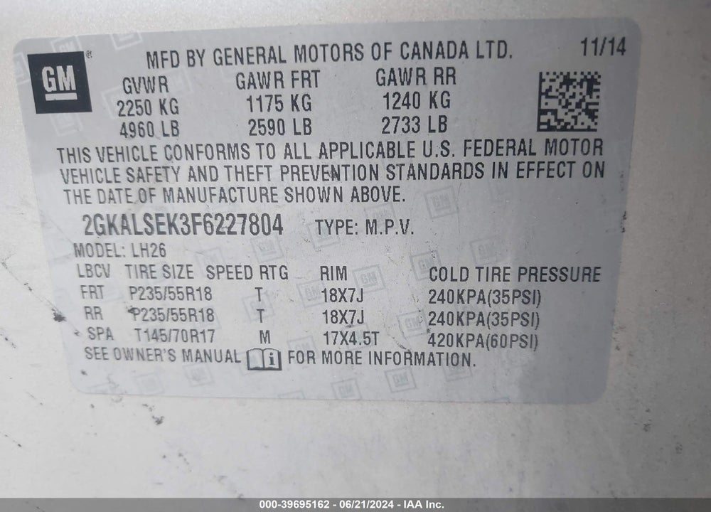 2015 GMC TERRAIN SLT-1 VIN: 2GKALSEK3F6227804