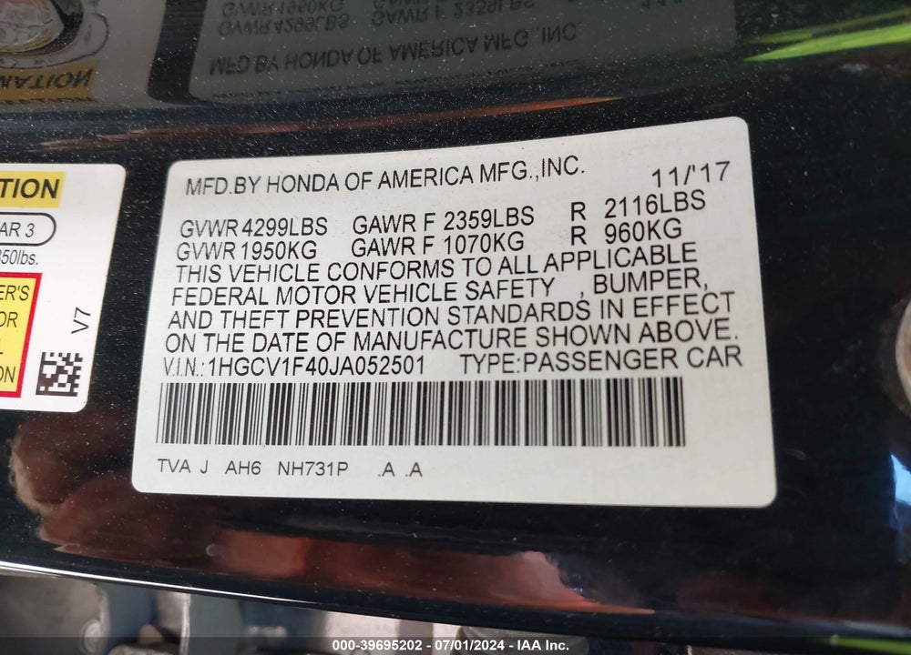 2018 HONDA ACCORD EX VIN: 1HGCV1F40JA052501