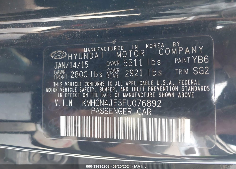 2015 HYUNDAI GENESIS 3.8 VIN: KMHGN4JE3FU076892