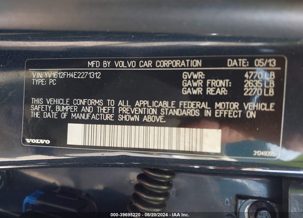 2014 VOLVO S60 T5/T5 PLATINUM/T5 PREMIER/T5 PREMIER PLUS VIN: YV1612FH4E2271312