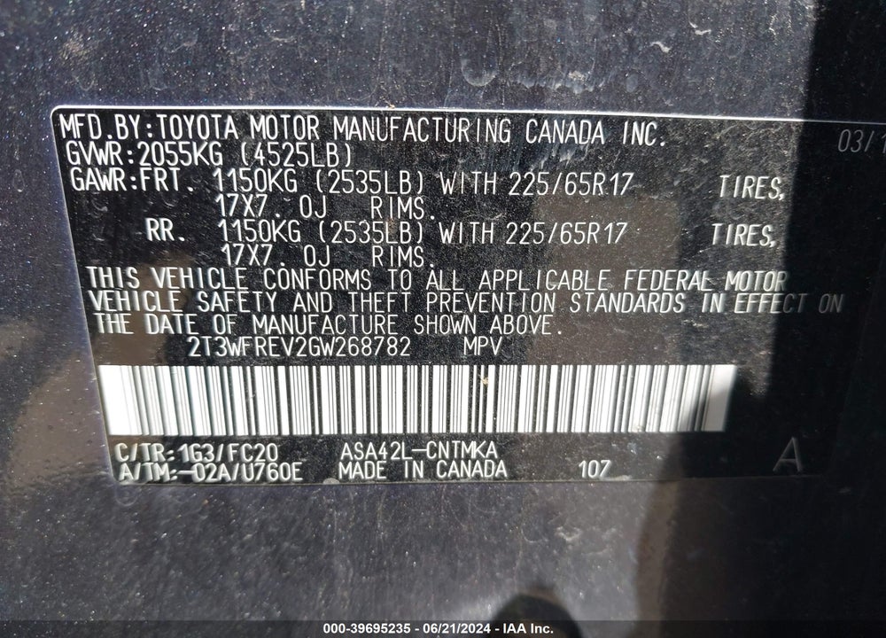 2016 TOYOTA RAV4 XLE VIN: 2T3WFREV2GW268782