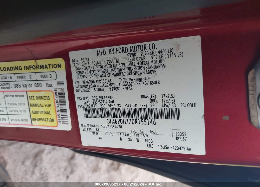 2013 FORD FUSION SE VIN: 3FA6P0H77DR155146