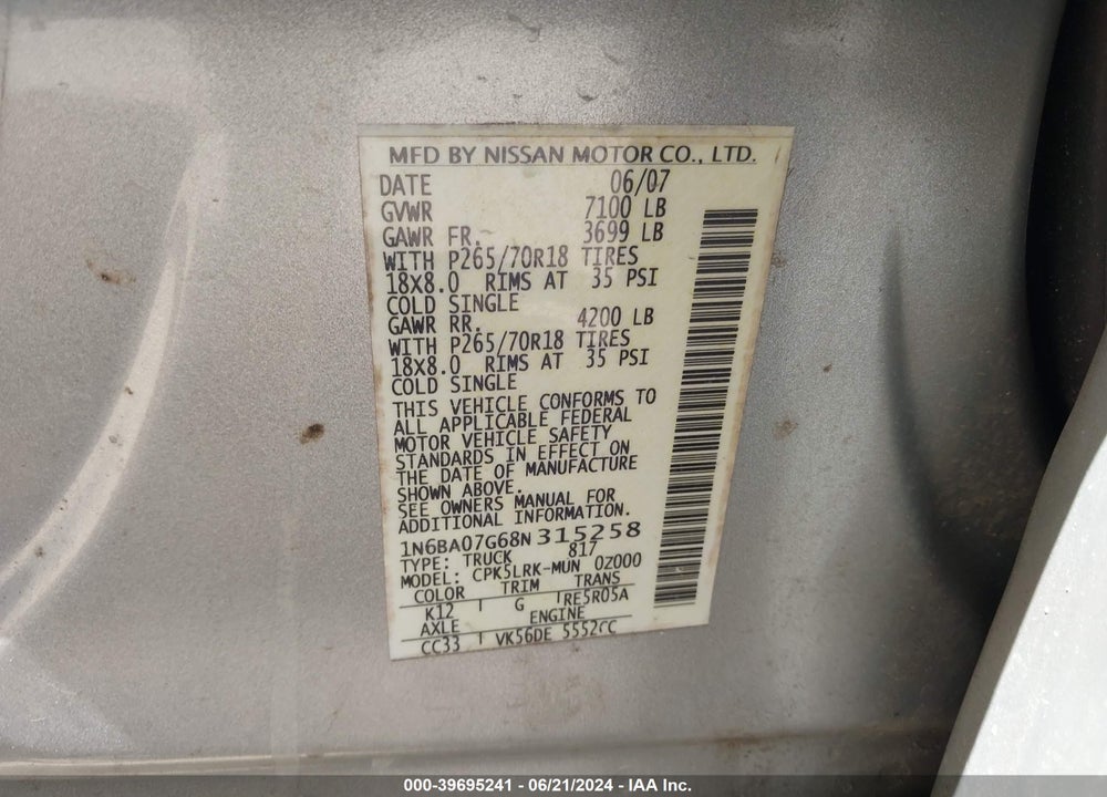 2008 NISSAN TITAN XE VIN: 1N6BA07G68N315258