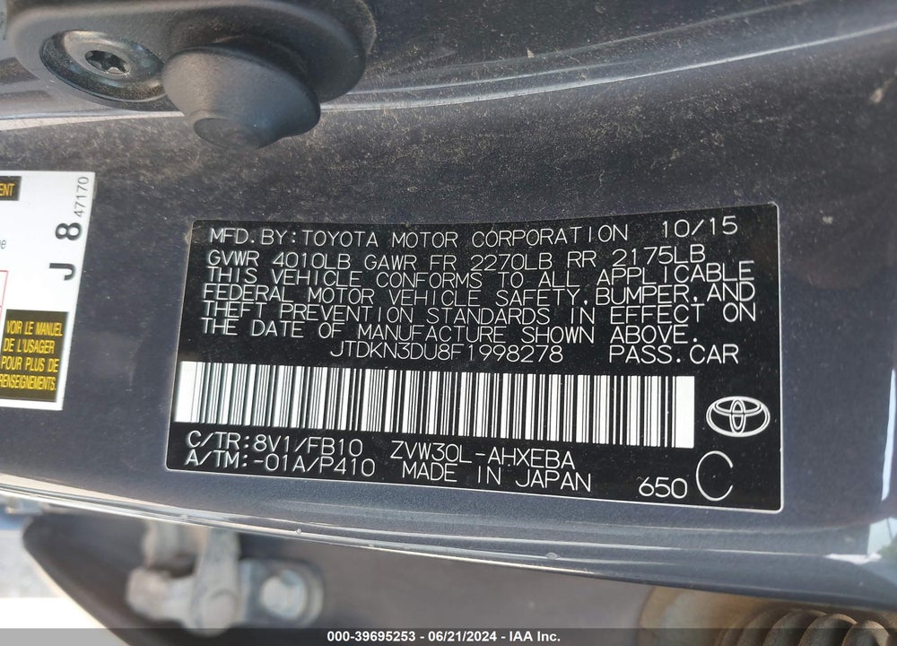 2015 TOYOTA PRIUS VIN: JTDKN3DU8F1998278