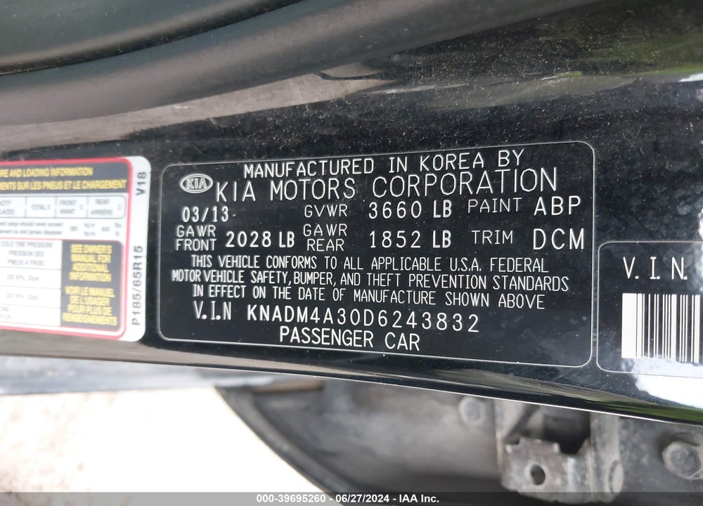 2013 KIA RIO LX VIN: KNADM4A30D6243832