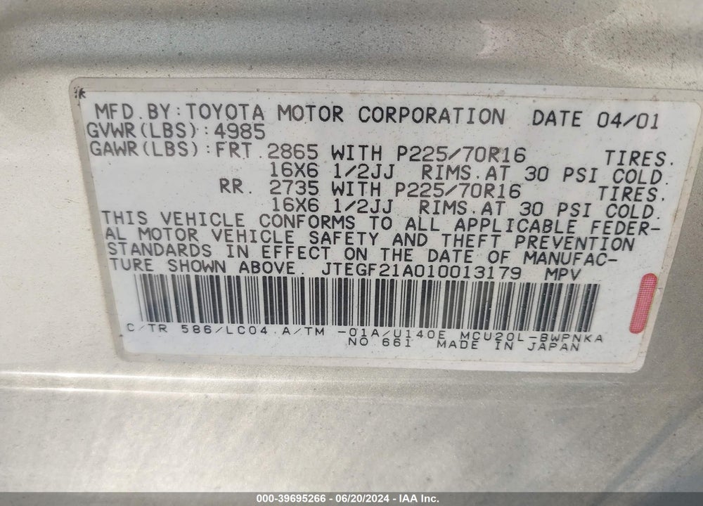 2001 TOYOTA HIGHLANDER V6 VIN: JTEGF21A010013179