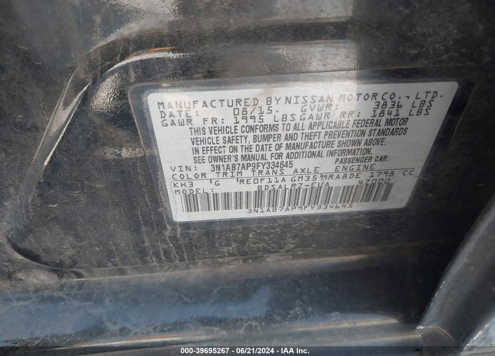 2015 NISSAN SENTRA SR VIN: 3N1AB7AP9FY334645