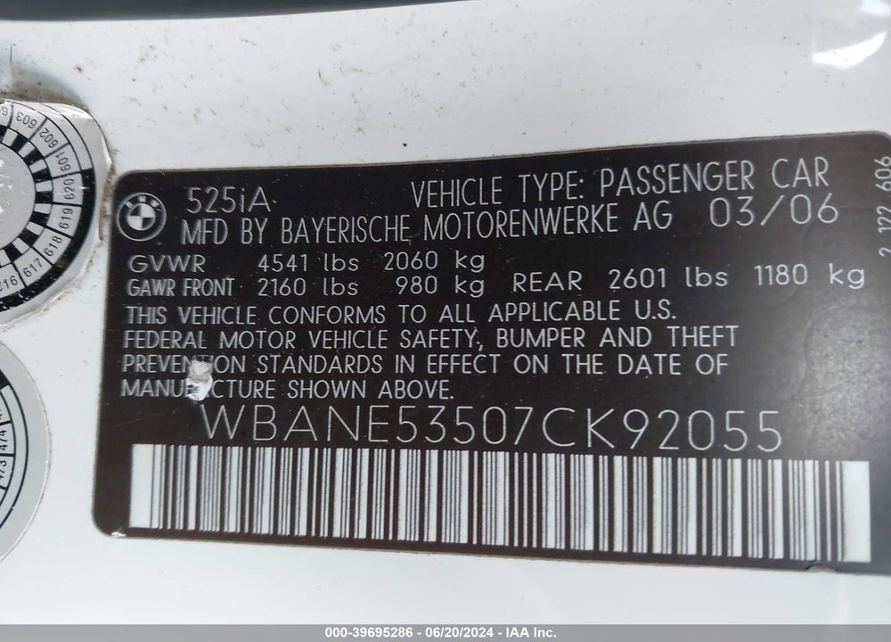 2007 BMW 525I VIN: WBANE53507CK92055