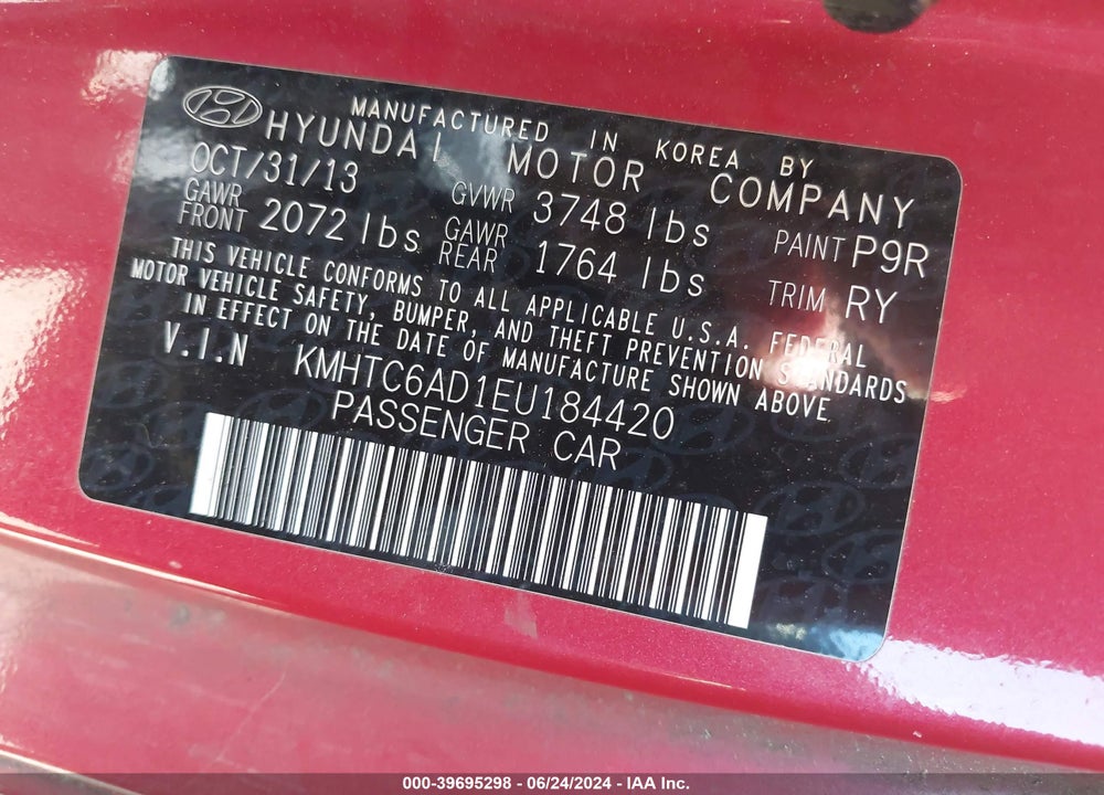 2014 HYUNDAI VELOSTER BASE W/RED VIN: KMHTC6AD1EU184420