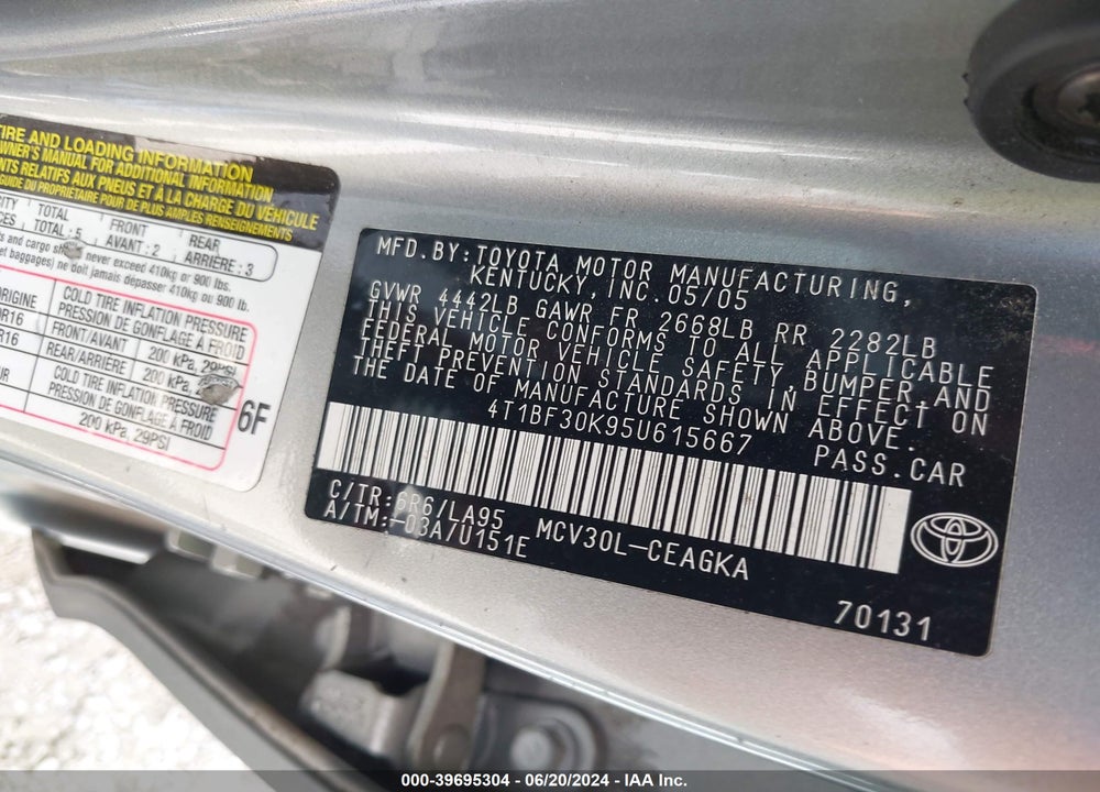2005 TOYOTA CAMRY XLE V6 VIN: 4T1BF30K95U615667