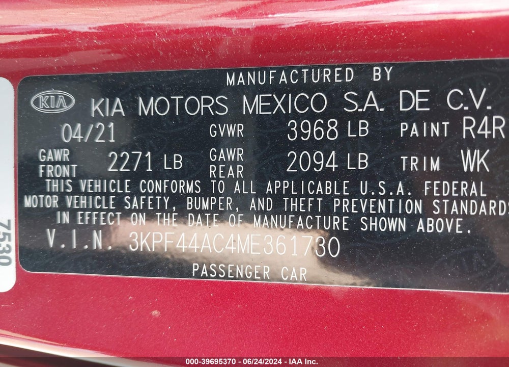 2021 KIA FORTE GT VIN: 3KPF44AC4ME361730