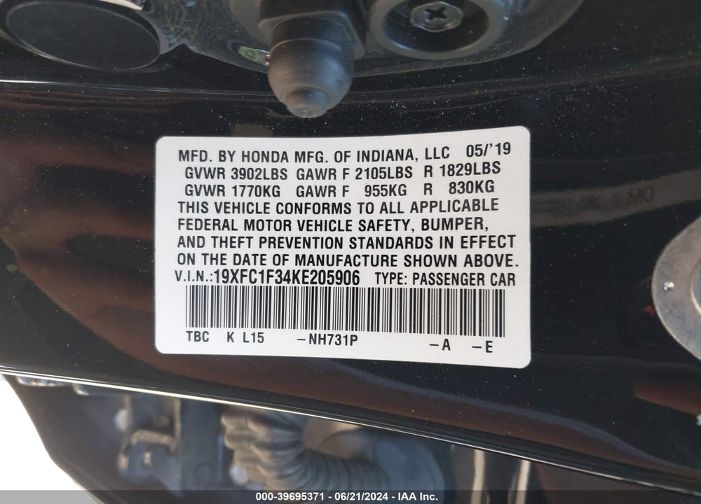 2019 HONDA CIVIC EX VIN: 19XFC1F34KE205906