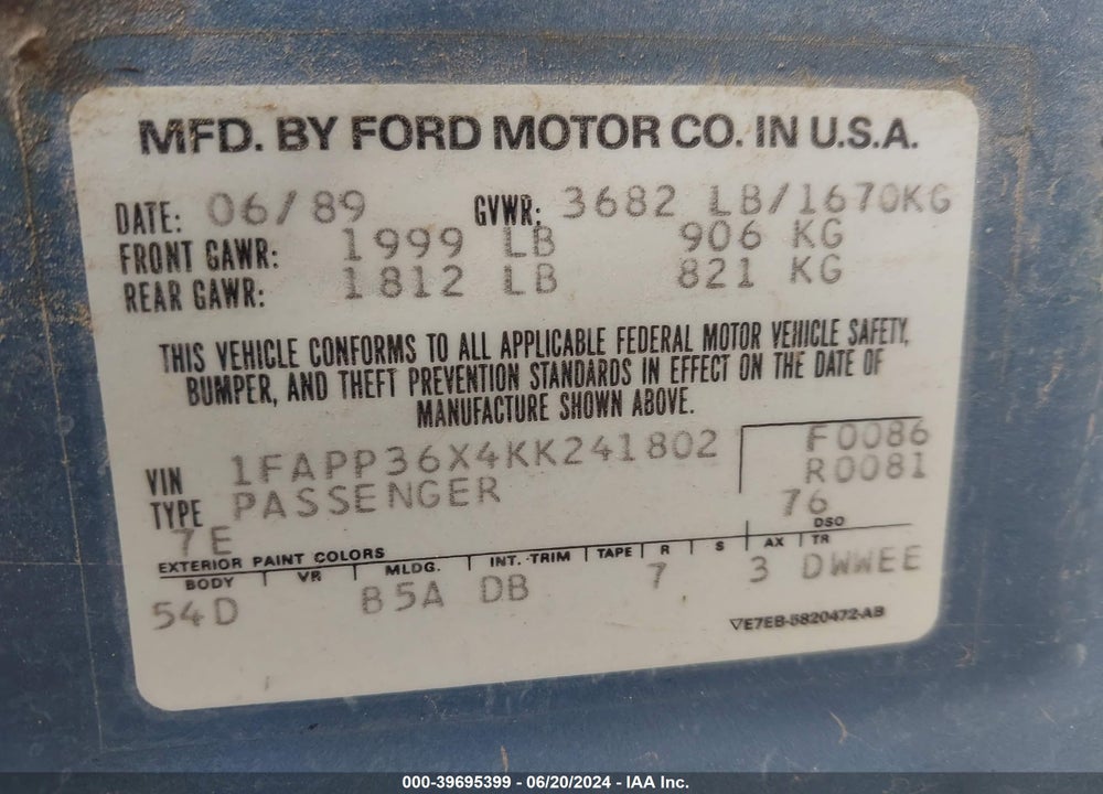1989 FORD TEMPO GL VIN: 1FAPP36X4KK241802