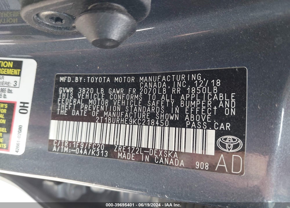 2019 TOYOTA COROLLA SE VIN: 2T1BURHE9KC218450