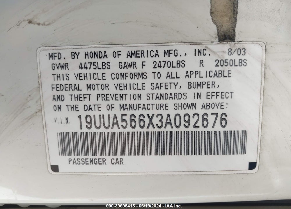 2003 ACURA TL 3.2 VIN: 19UUA566X3A092676