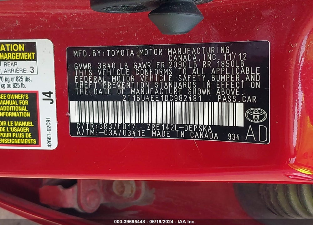 2013 TOYOTA COROLLA S VIN: 2T1BU4EE1DC982481