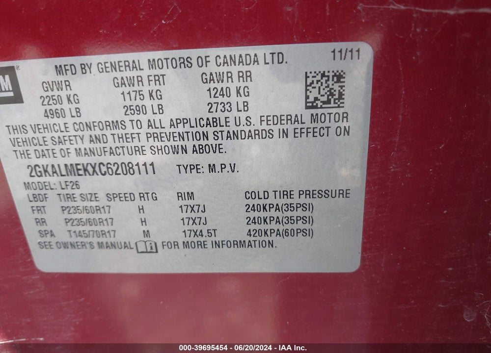2012 GMC TERRAIN SLE-1 VIN: 2GKALMEKXC6208111