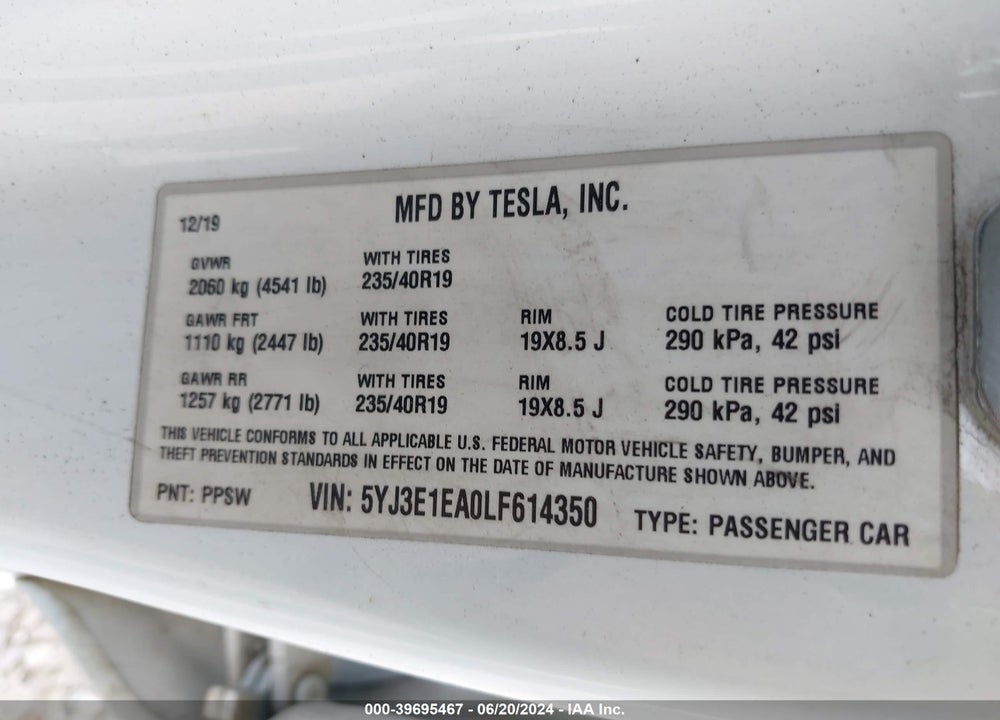 2020 TESLA MODEL 3 STANDARD RANGE PLUS REAR-WHEEL DRIVE/STANDARD RANGE REAR-WHEEL DRIVE VIN: 5YJ3E1EA0LF614350