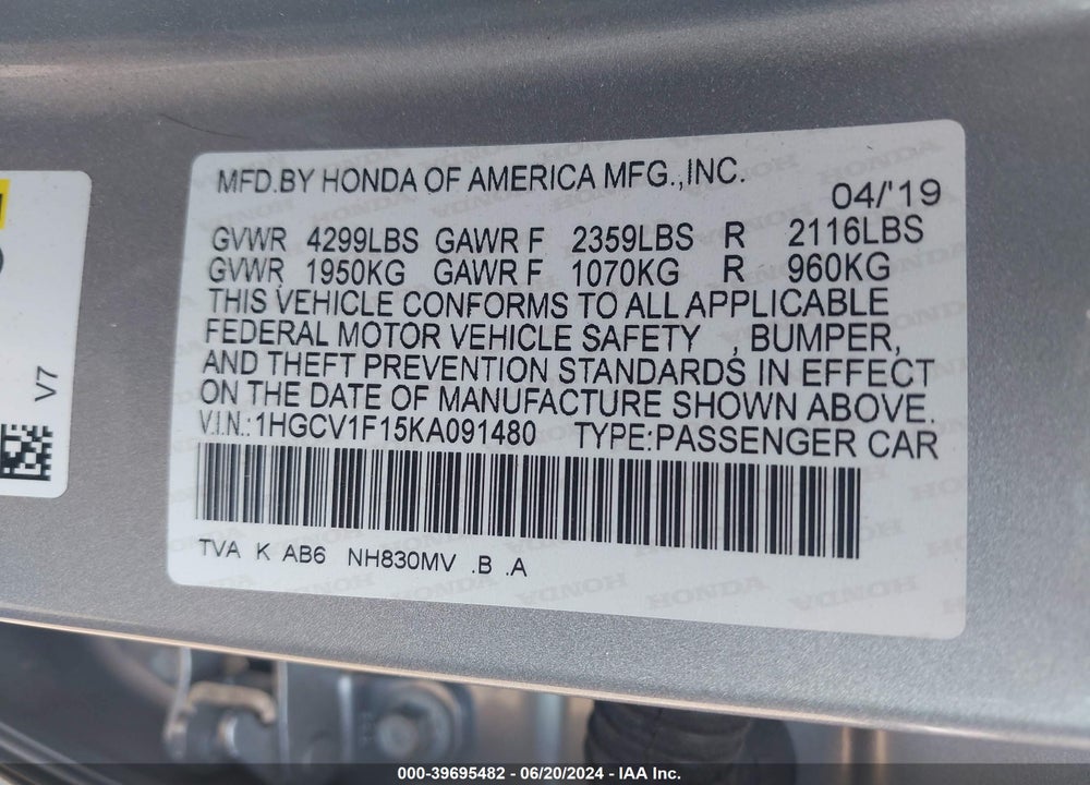 2019 HONDA ACCORD LX VIN: 1HGCV1F15KA091480