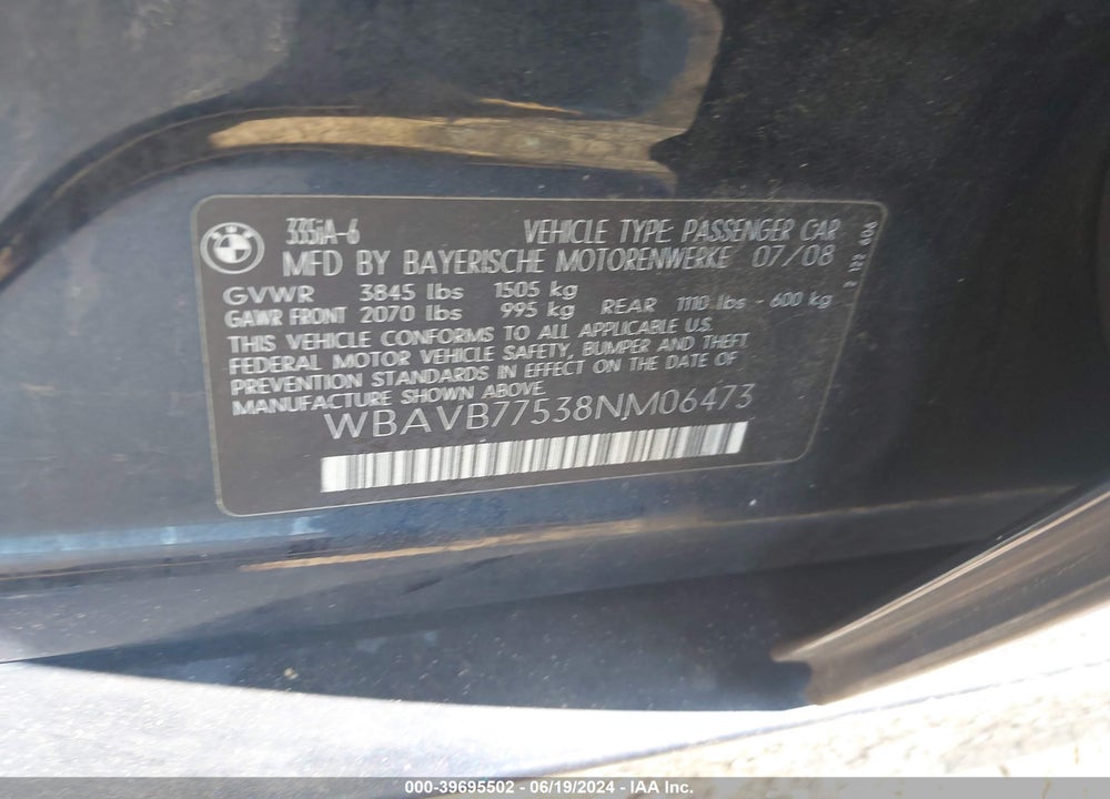 2008 BMW 335I VIN: WBAVB77538NM06473
